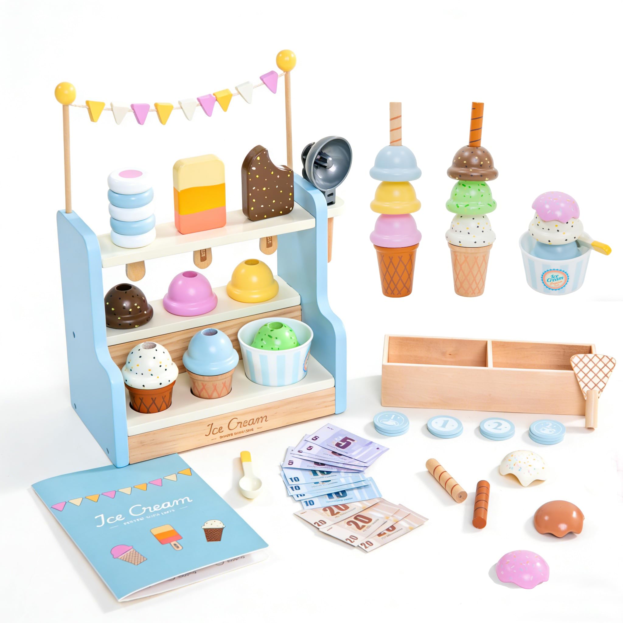 UMU Wooden Ice Cream Play Kitchen Set - Toddler Role-Playing Set, Kitchen Play Set, Wooden Food Toys, Educational Toy, 37 Pieces Total  Ages 3-6,