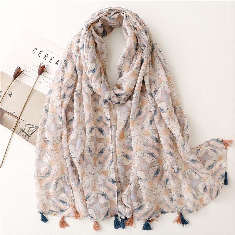 Bali Yarn Cotton-Linen Scarf: Fresh Solid Color, Fruit Green & Bright Yellow Leaf Print with Tassel Detail