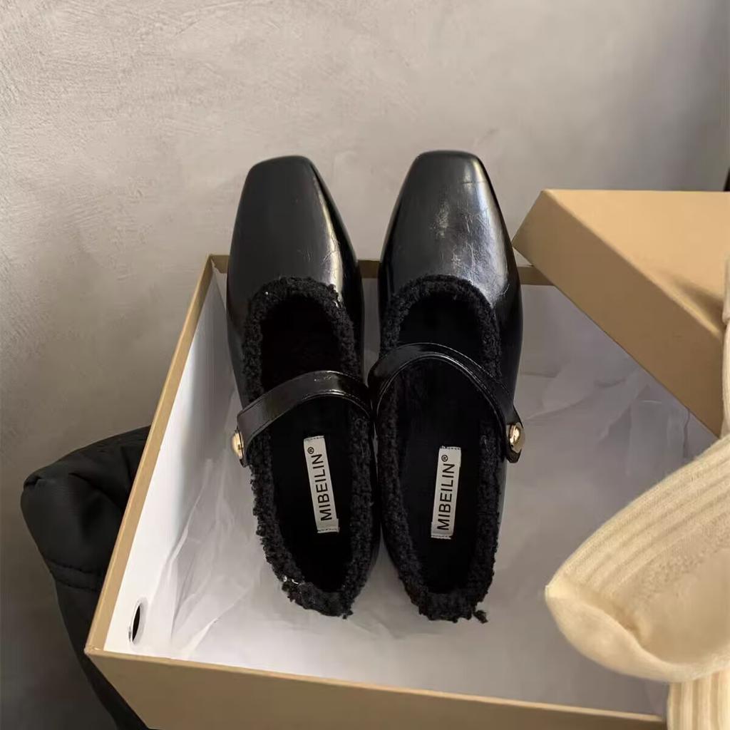 Flat autumn and winter plush cotton shoes single shoes women's shoes new square head black Mary Jane evening shoes