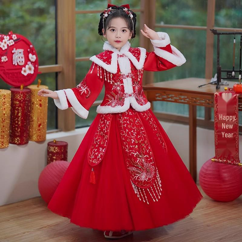 Winter 2025 Girls' Hanfu: New Year's Chinese Tang Suit & Skirt Set