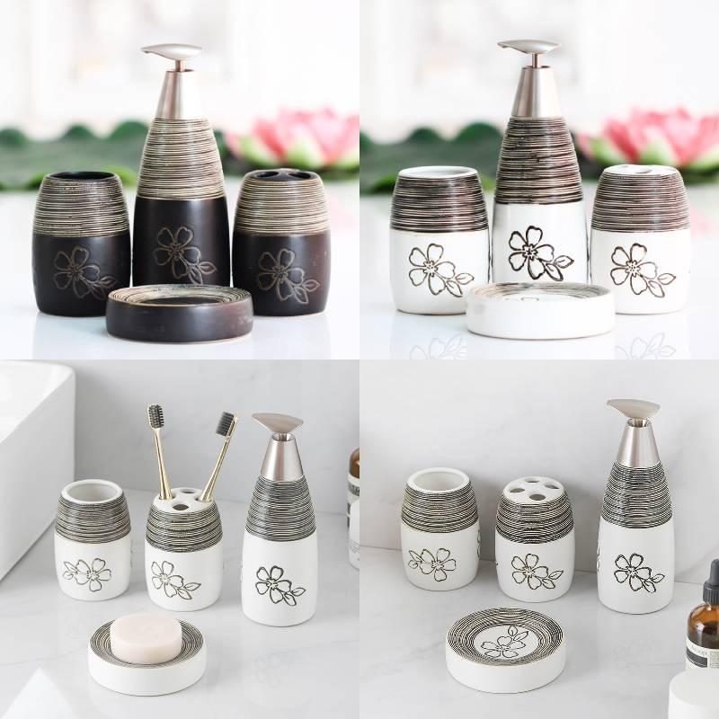 Printed Toiletry Flower Separate Bottle Bathroom Lotion Soap Dish 4pcs Sets