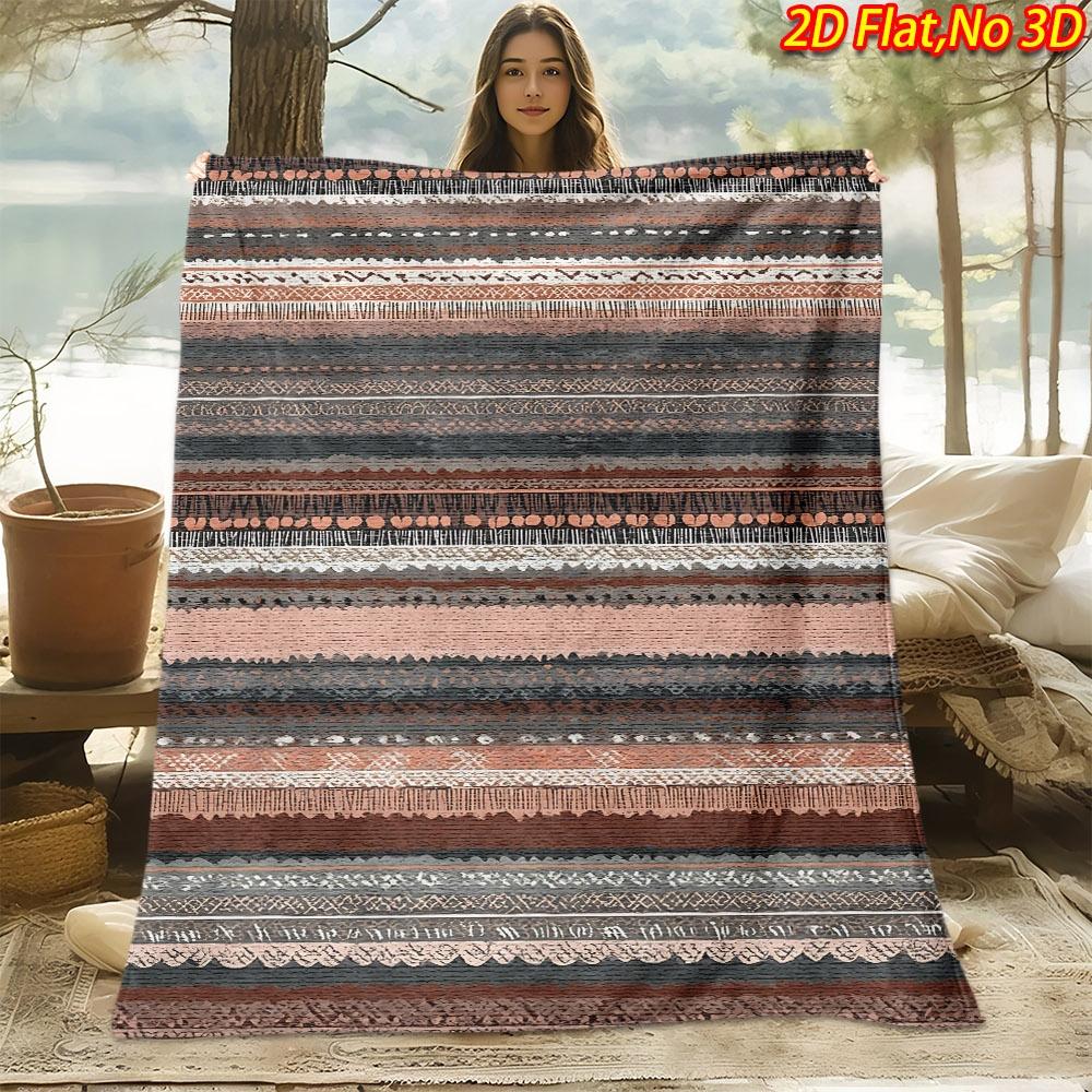 1pc 2D Flat Printing Spring And Summer New Arrival Retro Bohemian Ethnic Style Earth Tone Geometric Stripe Digital Print Blanket, Throw, Soft And Comf