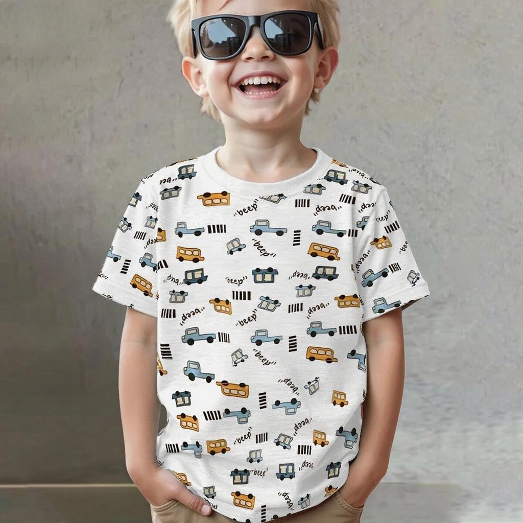Summer Round Neck Vehicle Themed 3D Printed Top Fashionable Casual Short Sleeved Children's Boy T-shirts