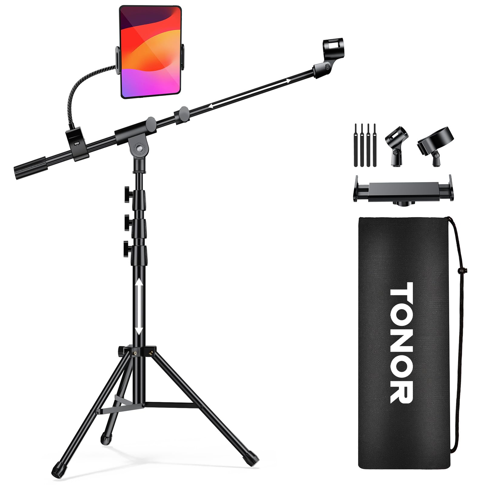 TONOR Microphone Stand with Tablet Holder Floor Tripod Boom Arm Heavy-Duty Adjustable Height and Angle Carrying Bag Smartphone and iPad Clamp