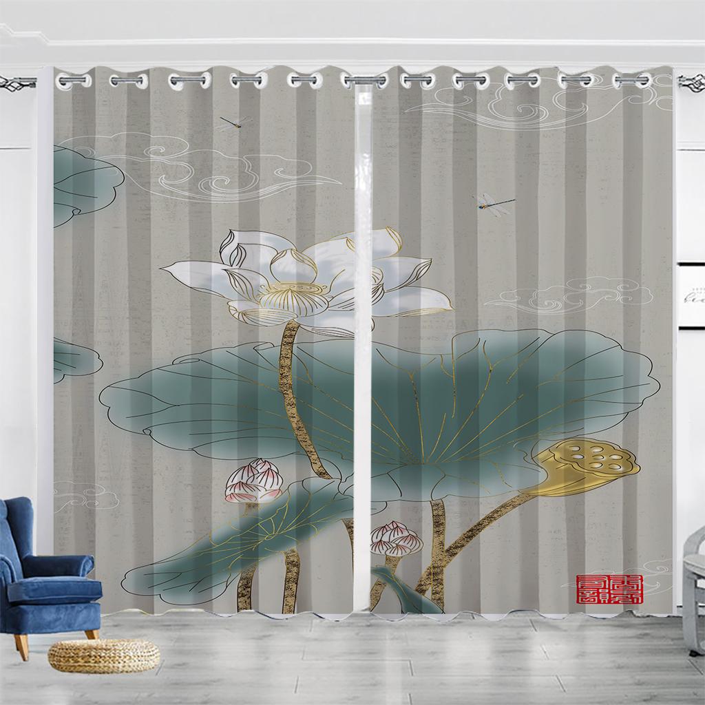 Staw Lotosowy Styl Chiński Salon Zasłony Zaciemniające Sypialnia Dekoracja Domu Zasłony Cienkie z Nadrukiem Cyfrowym Lotosu w Atramencie