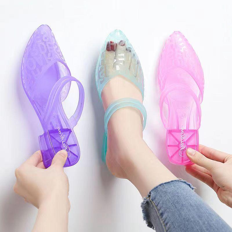 Damen Sommer Baotou Transparente Kristall Casual Sandalen Weicher Boden Rutschfest Atmungsaktiv Doppelt nutzbar Strand Sandalen Hausschuhe