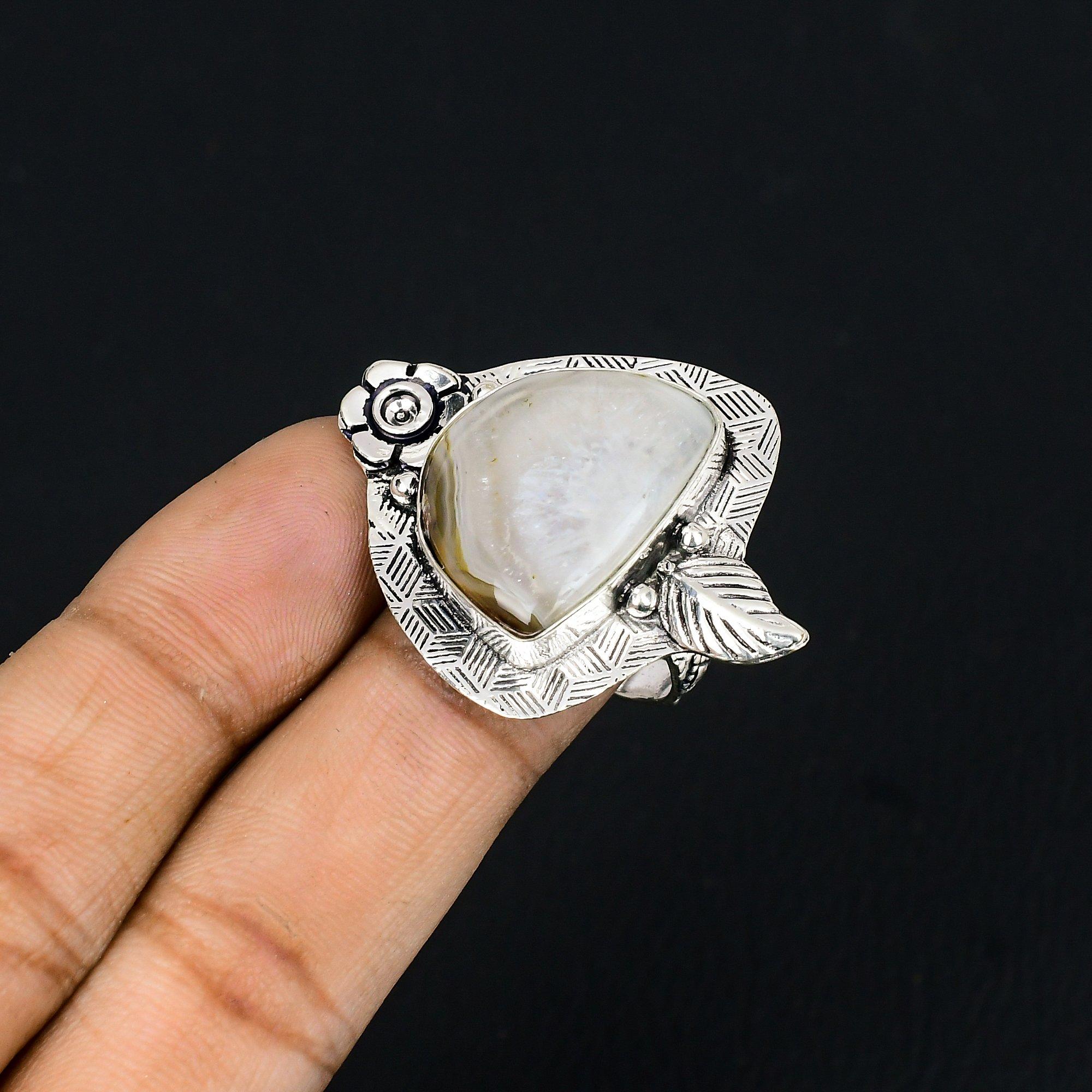 Natural Montana Agate Gemstone Stackable Flower White Ring Size 8.5 925 Silver 8.5