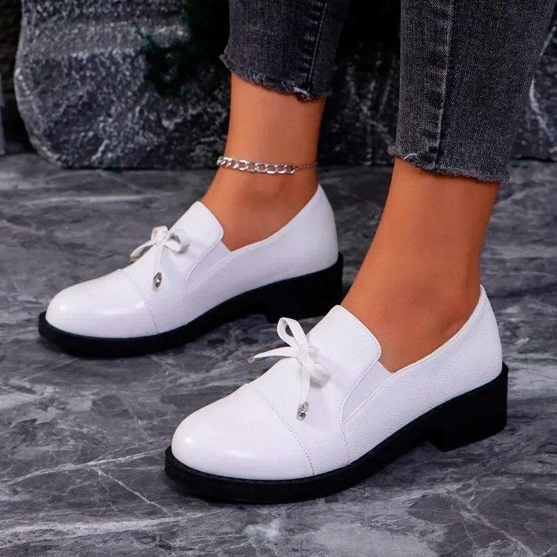 Women's Shoes 2024 Brand Loafers Women's High Heels Fashion Butterfly-knot Office and Career Hot Sale Round Toe Solid High Heels