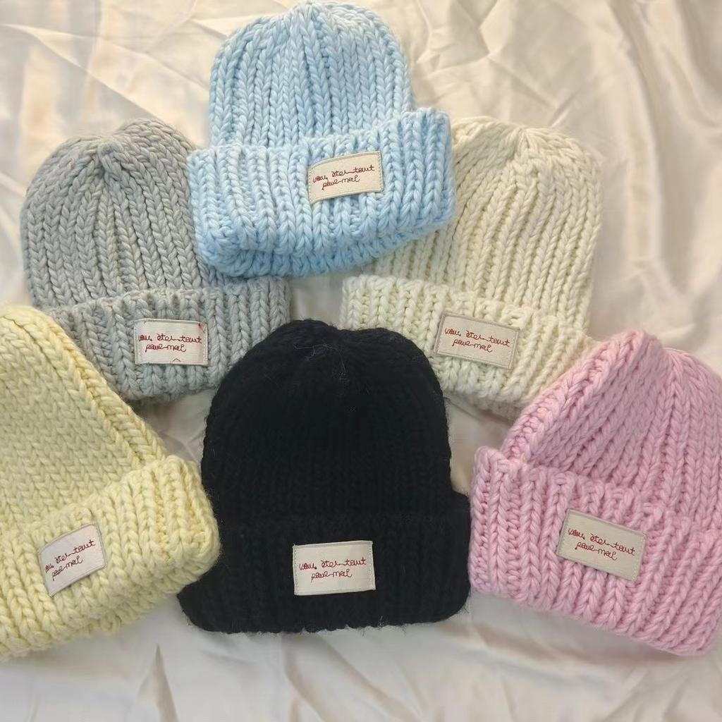 Big Head Circumference Patch, Blue Knitted Wool Hat, Women's Face In Autumn and Winter, Small Versatile Hat, Ear Protection, Cold Hat