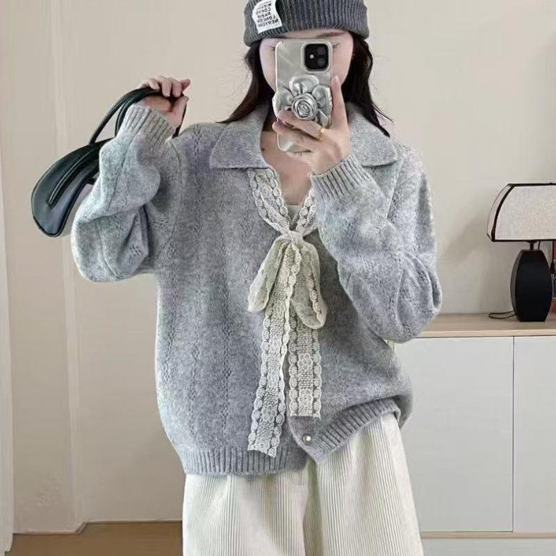 Women Korean Style Lace Bow Tie Collar Long Sleeve Knit Sweater