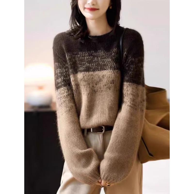 Autumn and Winter New Soft Waxy Color Matching Round Neck Pullover Women's Fashion Casual Loose Inner Bottoming Knitted Sweater