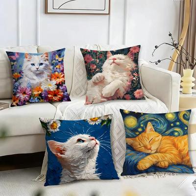 Cute Oil Painting Colorful Cat Cushion Cover Reversible Plush Pillow Cover – For Car, Sofa, Bedroom, Perfect As a Gift.