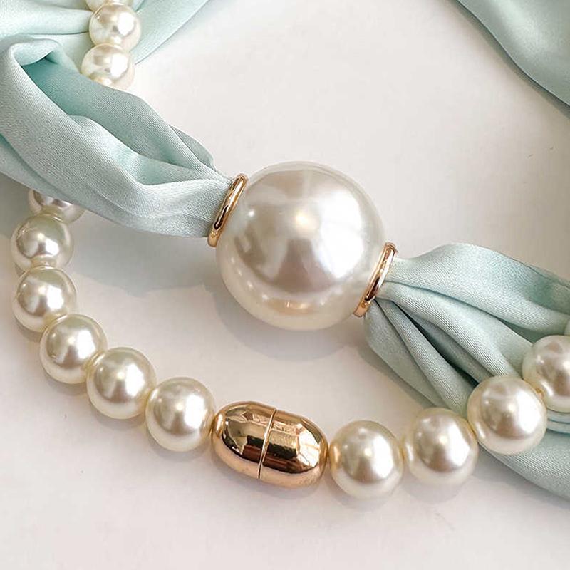 Elegant Satin Neck Scarf for Women with 2 in 1 Pearl Chain Necklace Buckle Lightweight Soft Shawl Gift for Party Office Wear