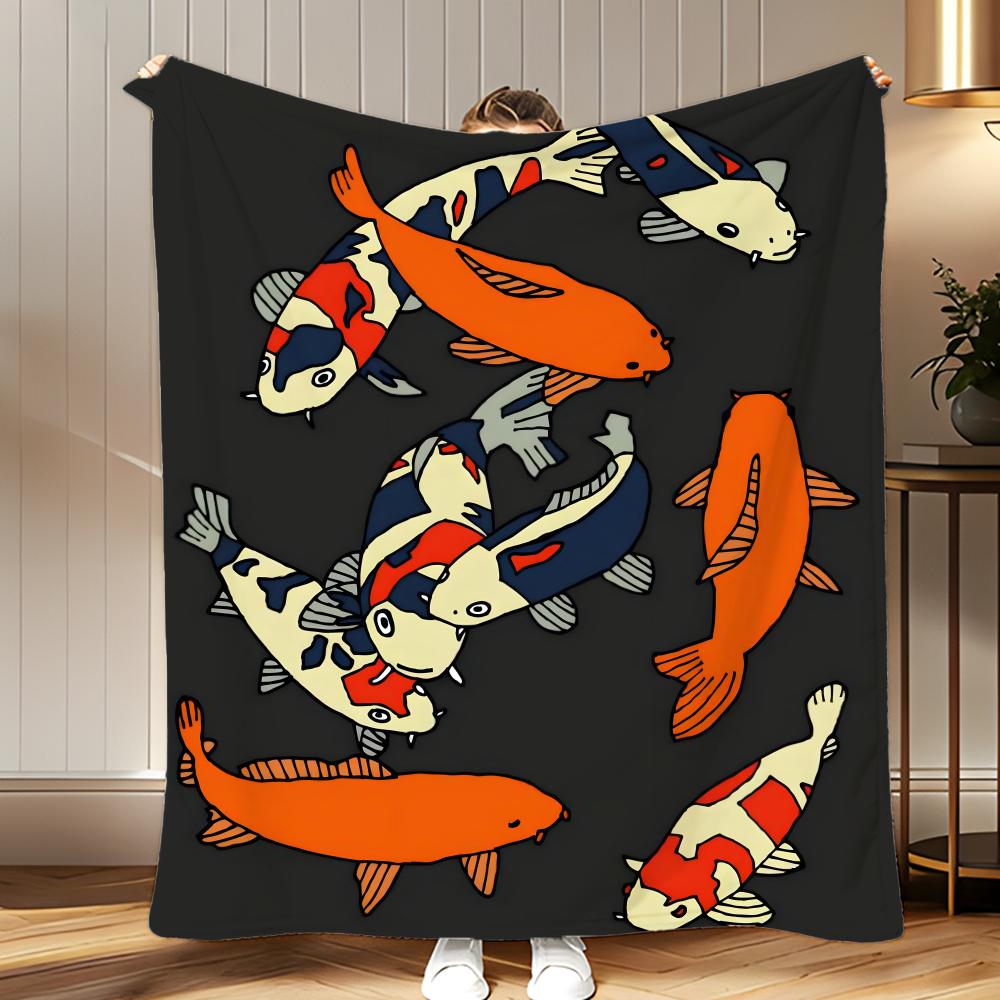 Abstract Art Japanese Vintage Koi Throw Soft Coral Fleece Blanket 310gsm Fluffy Warm Throw for Sofa Bed Couch Bedroom Decor