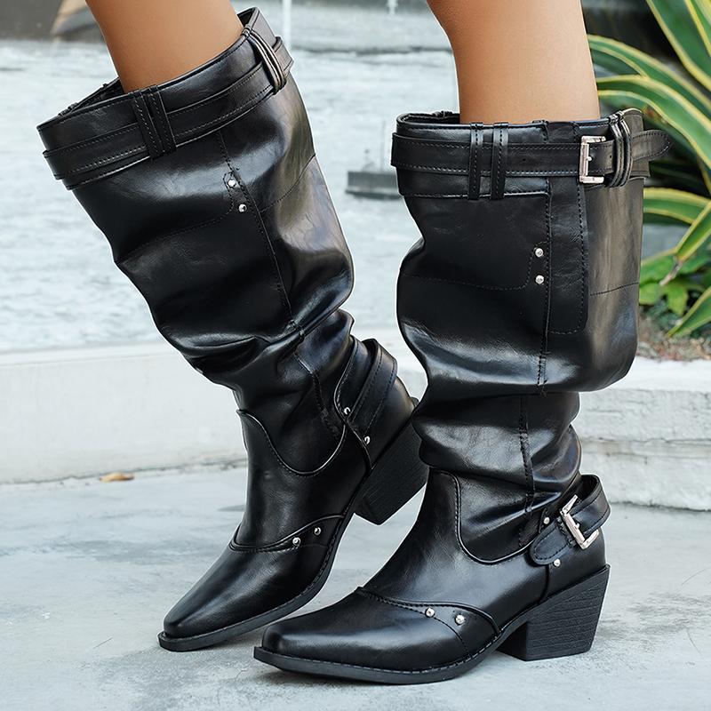 Fashion Fashion Wide Leg Cowboy Boots for Women 2025 Autumn PU leather Knee High Boots Woman Buckle Strap Chunky Heel Riding Botas Mujer
