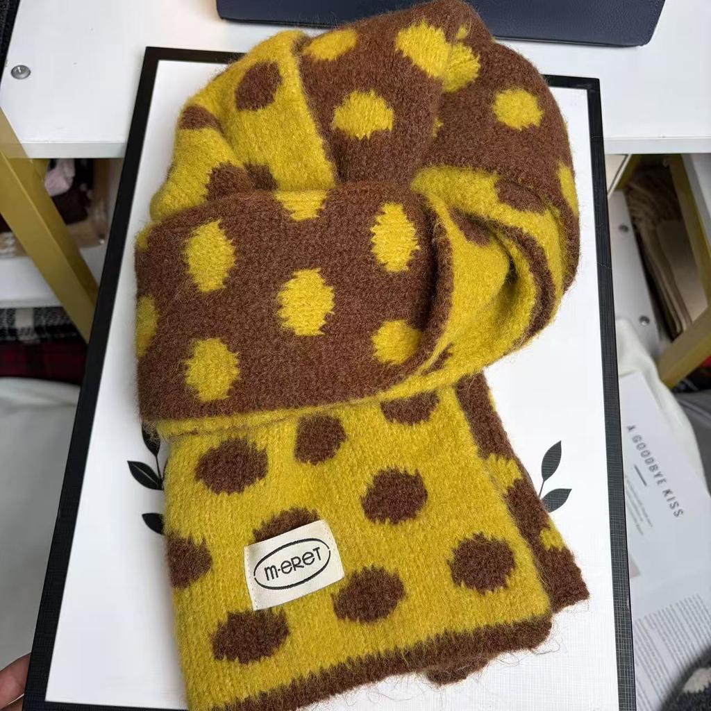 Korean Double-sided Knitted Scarf with Large Wave Dots, Women's Autumn and Winter Literary Sense, Warm and Cold-proof Scarf, Lazy Wind