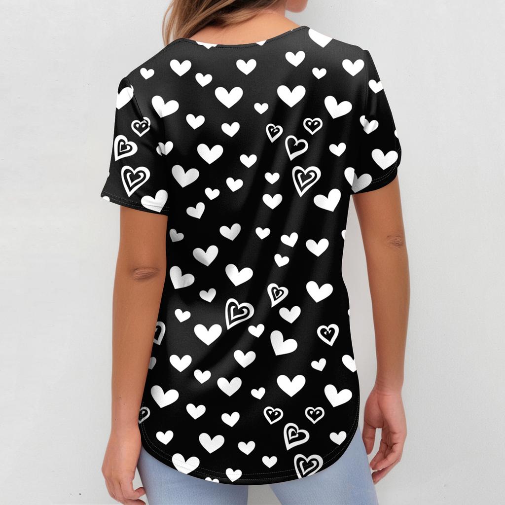 Women V Neck Printed Scrub Top with Heart Pattern Short Sleeve Uniform Top for Veterinary