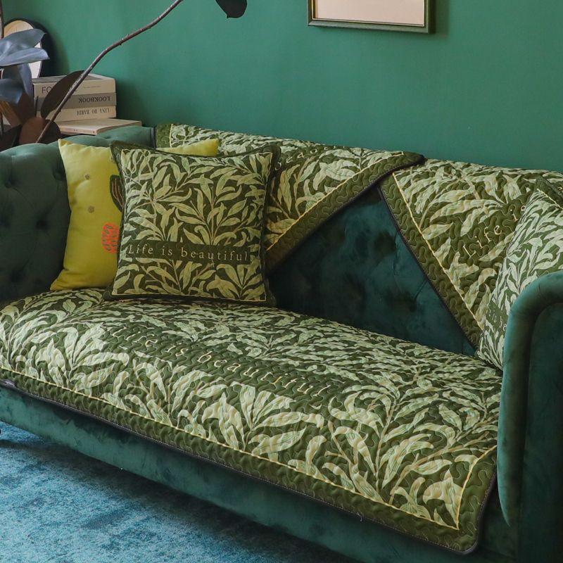

Rain Flower American Pastoral Sofa Cushion Fabric Non Slip Sofa Towel Cover All Year Round Neutral Genuine Leather Sofa Seat Cushions Golden branches and Jade leaves 45*45cm pillowcase