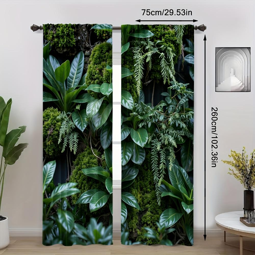 2pcs Natural Green Forest Print Curtains - Machine Washable Polyester, Semi-Transparent with Vibrant Moss & Foliage Design for B