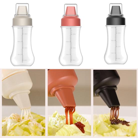 Squeeze Condiment Bottle with Measuring Markings 1/5 Nozzles Drizzle Bottle for Ketchup Salad Dressing Sauce 350ml Easy Fill Kitchen Dispenser