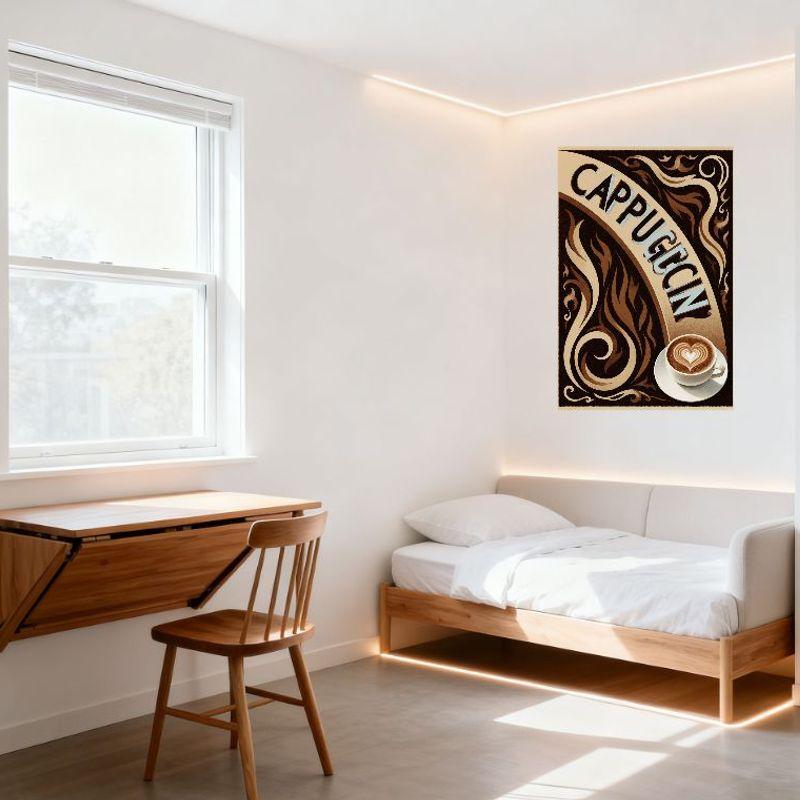 Vintage Cappuccino Metal Tin Sign - Light Blue Arched Text Dark Blue Outline, Coffee Steam Art Background, Heart Latte Art Ceram