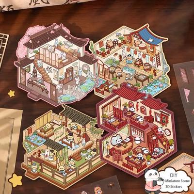 Cartoon Chinatown 3D Sticker 3D Scene Stacking Pasting Landscaping Stickers Pocket Cabin Miniature Scene Sticker New Year Gift