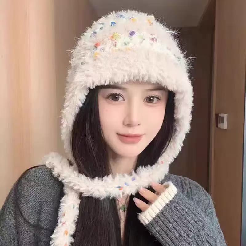 Colored jelly bean plush bucket hat winter warm face thickened knitted wool hat ear protection hat