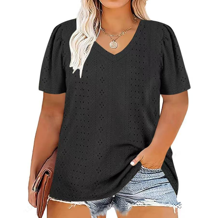 

Women s Large Size V-Neck Court Lock Solid Color Short Sleeve T-Shirt Loose Top L чёрный