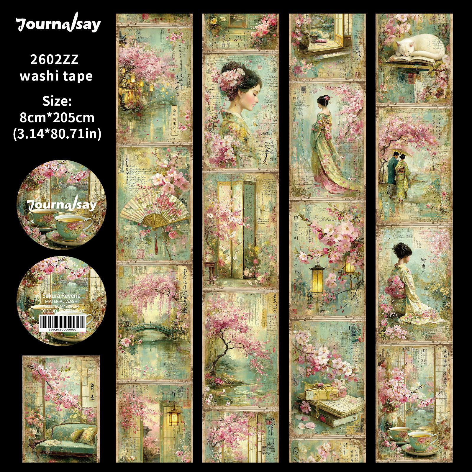 80mm*204mm Vintage Sakura Character Landscape Washi Tape Creative DIY Journal Material Collage Scrapbooking Stationery