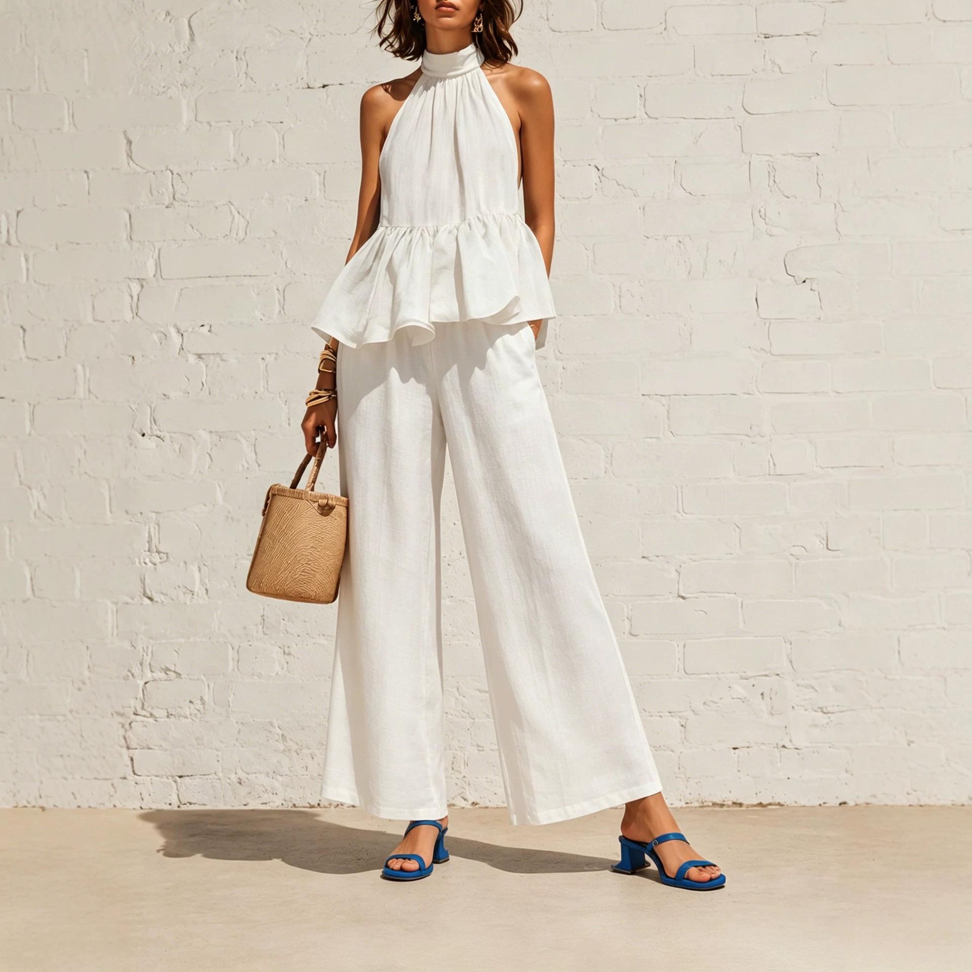 2026 Amazon Independent Station popular women s clothing casual drape neck ruffle edge high waist loose trousers two-piece set S белый