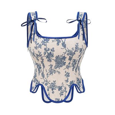Womens Sexy Bustier Corset Top Eyelet Lace-up Floral Print Push Up Crop Tops Vintage Tank Top Party Clubwear Bodice