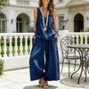 Women's Summer Sleeveless 2 Piece Outfit V Neck Top And Wide Leg Pants Set Casual Vacation Matching Lounge Set