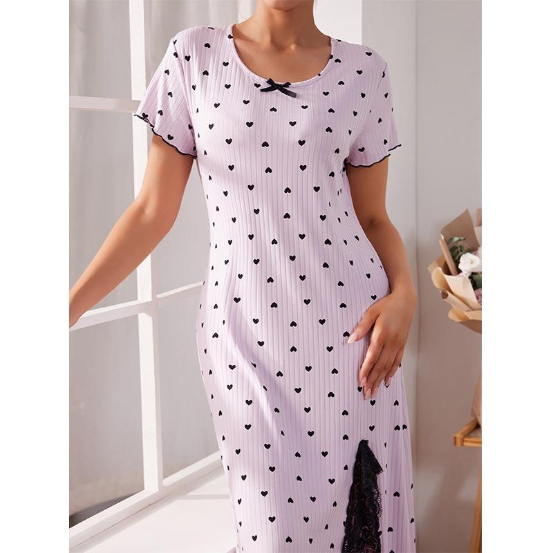 Women's Elastic Drawstring Slim Figure Round Neck Short-sleeved Love Big Size Nightgown Open Fork In The Middle of The Long Dresses