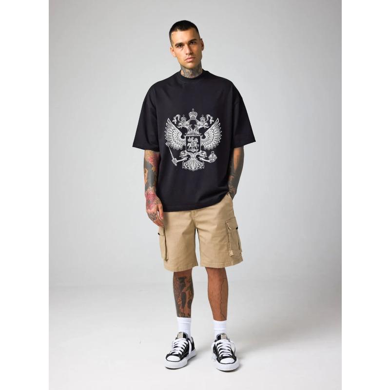 Oversized T-Shirt Black Double Eagle Crest Print Casual Streetwear Men's Fashion Top