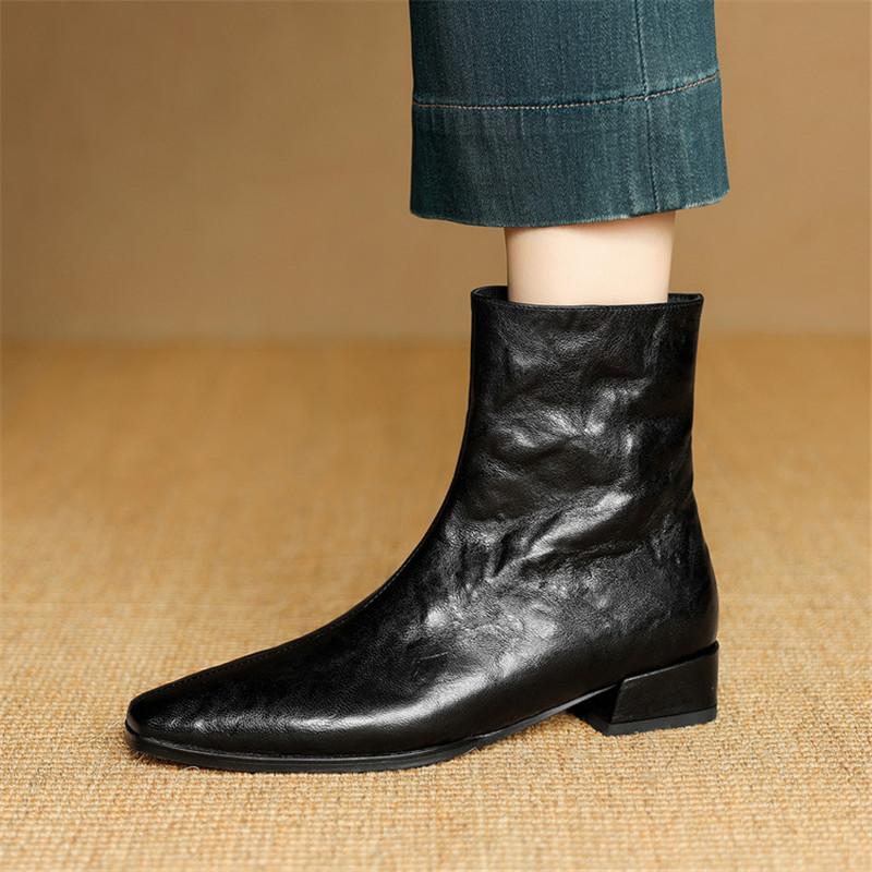Fashion New Autumn/winter Genuine Leather Women Boot Square Toe Shoes for Women Fashion Boots Low Heels Short Boots Black Boots Handmade