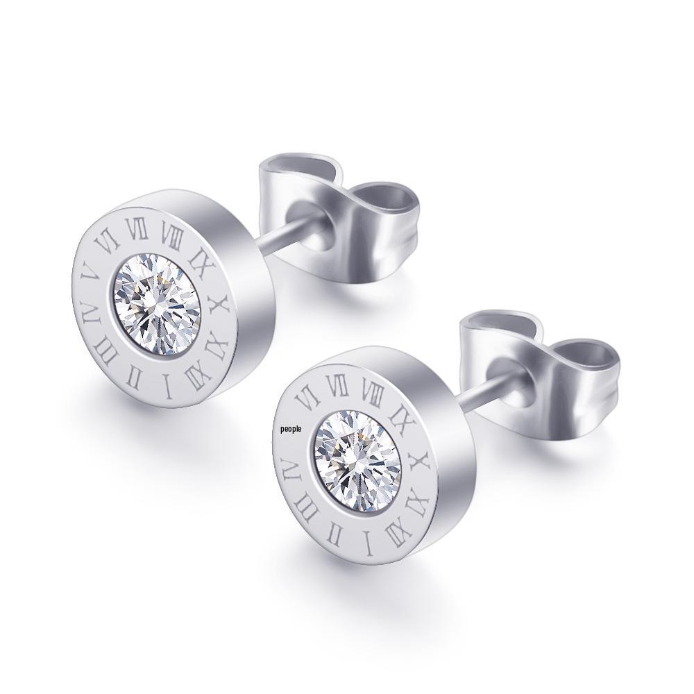 European & American 8MM Roman Numeral Diamond Zirconium Titanium Steel Stud Earrings
