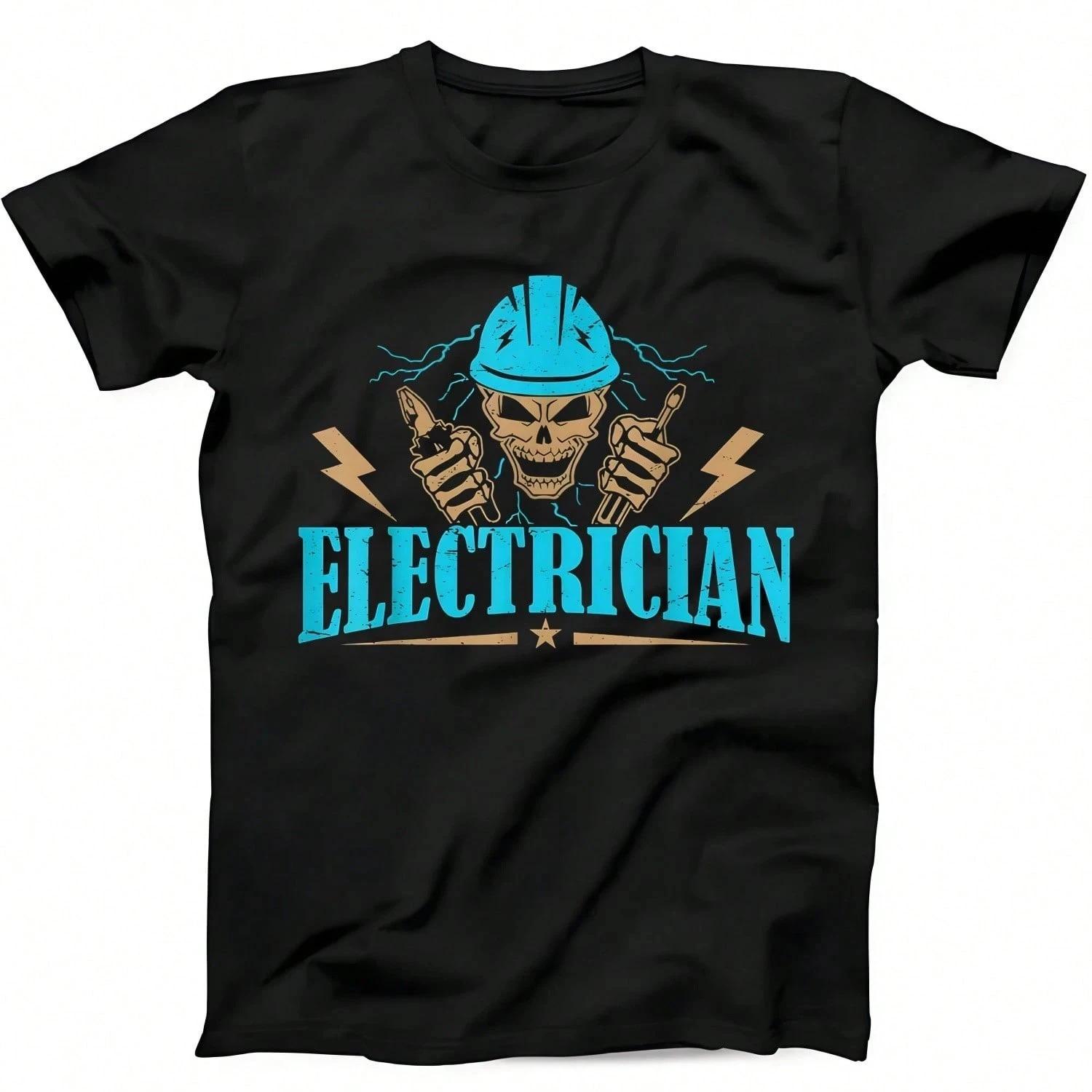 Футболка с черепом электрика и каской, Инструменты, Унисекс, Уличная одежда для электрика, Повседневный топ с коротким рукавом, 100% хлопок 4XL