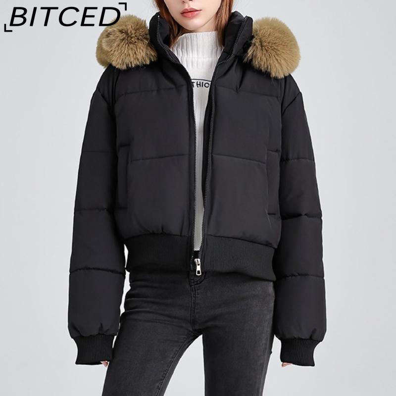 BITCED High-Waisted Oversized Fur-Trimmed Hooded Cropped Cotton Jacket for Women Autumn/Winter Down-Filled Cotton Jacket Slim-Fit Jacket Outerwear