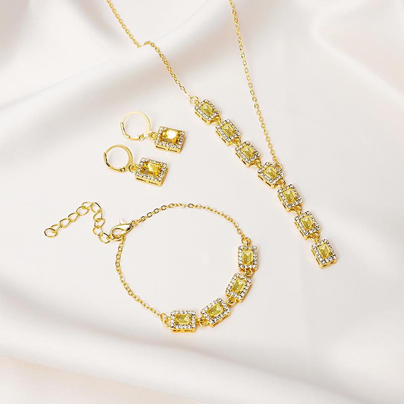 Luxury Super Flash Full Diamond Square Emerald Necklace Set, Yellow Pink Crystal Bracelet Earrings Jewelry