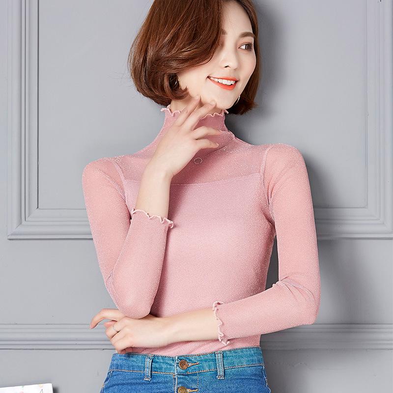 2024 Damen High-Neck Patchwork Mesh Top mit Gold- & Silberfäden - Vielseitige Langarm See-Through Basisschicht