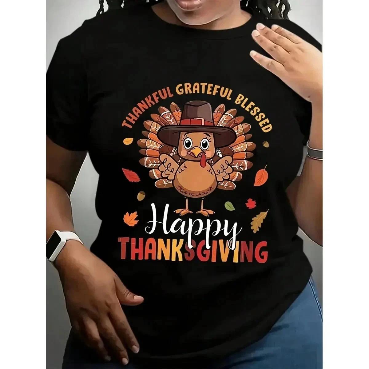 [100% Cotton] Women S Plus Size Thanksgiving Graphic T-Shirt - Happy Thanksgivin S