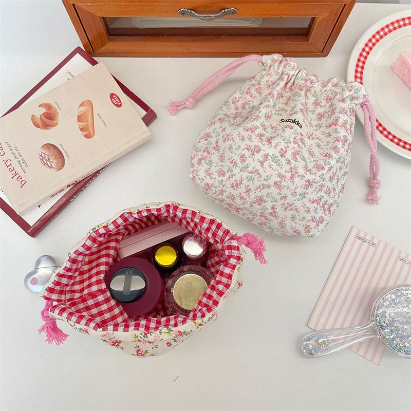 Women Tote Rope String Makeup Bags Organizer Cute Flower Small Lipstick Cosmetic Coin Purse Key Drawstring Storage Bag