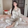 2025 Spring Autumn Women Pajamas Lounge Set Pink Butterfly Print Tops and Pants Satin Sleepwear Loose 2 Piece Loungewear Outfits