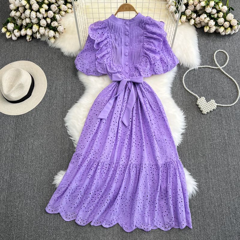 

Fashion Stand Collar A- line Dress Bows Shoelace Purple All yards