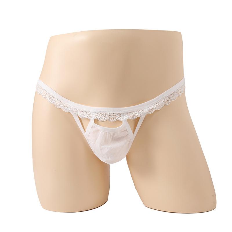 Men'S Sexy Low Rise T-Back Thong G-String Hollow Out Bulge Pouch Panties Lace Trim Belt Sissy Lingerie Naughty Male Nightwear