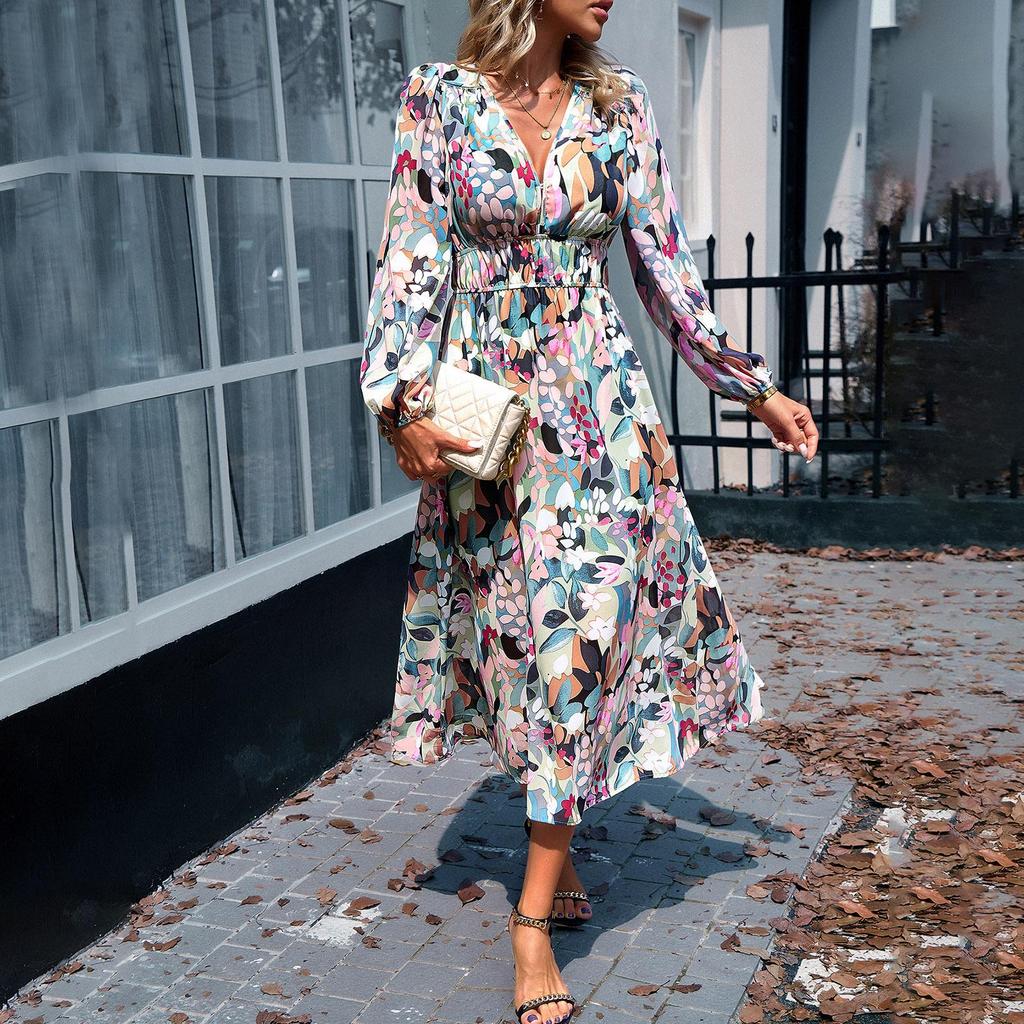 Women Autumn Winter Long Sleeve Print V-neck Casual A-Line Knee Length High Waist Dress