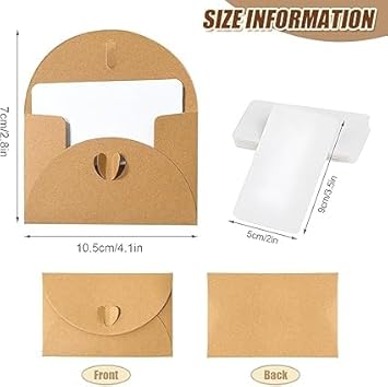 50 Stück Herzverschluss Mini Kraftumschläge mit 50 leeren Karten Herzverschluss Kleine Umschläge Herzverschluss Kraftpapierumschläge Herzverschluss Mini Umschlag