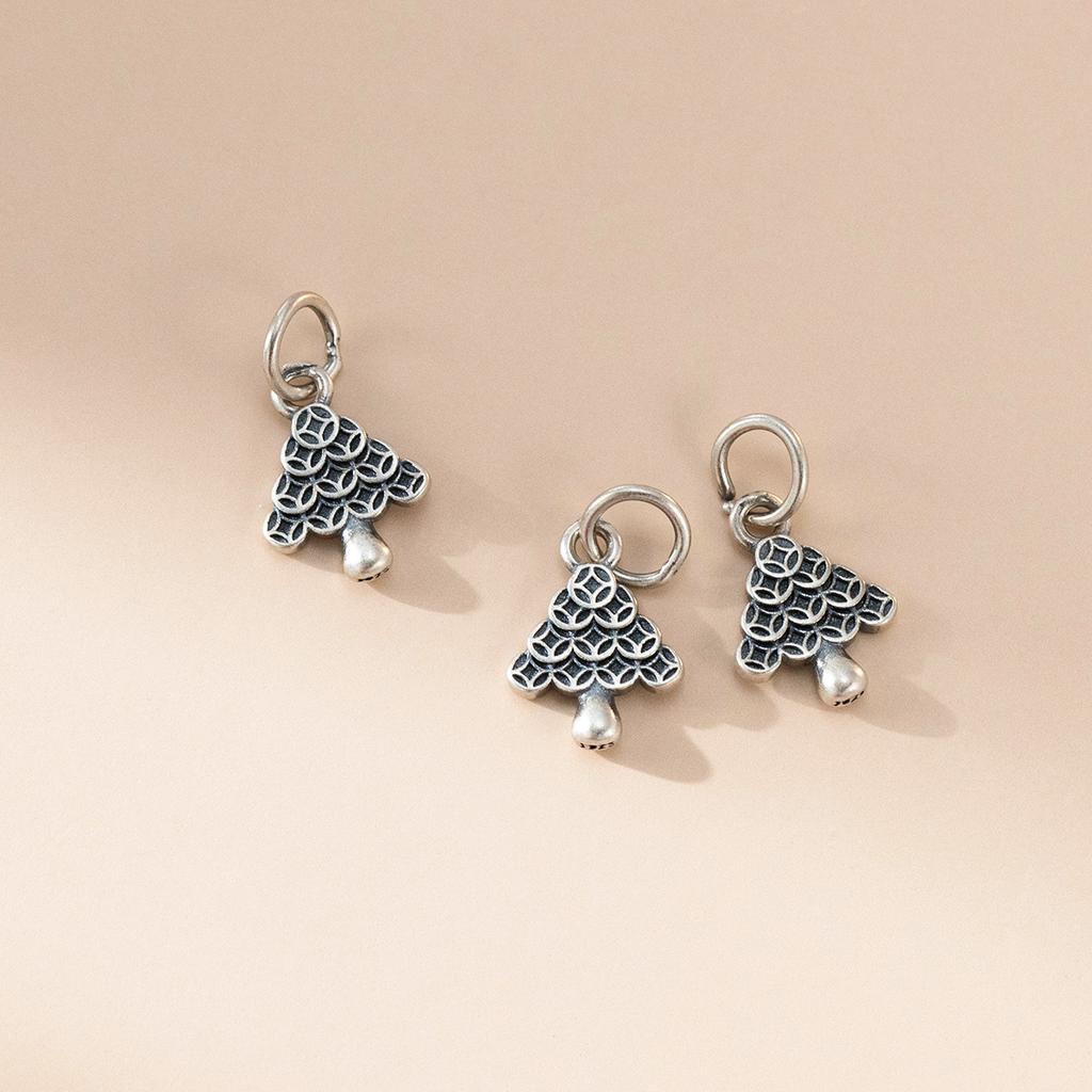S925 Sterling Silver Vintage Christmas Tree Coin Pendant DIY Bracelet Pendant Handmade Braided Rope Material Accessories