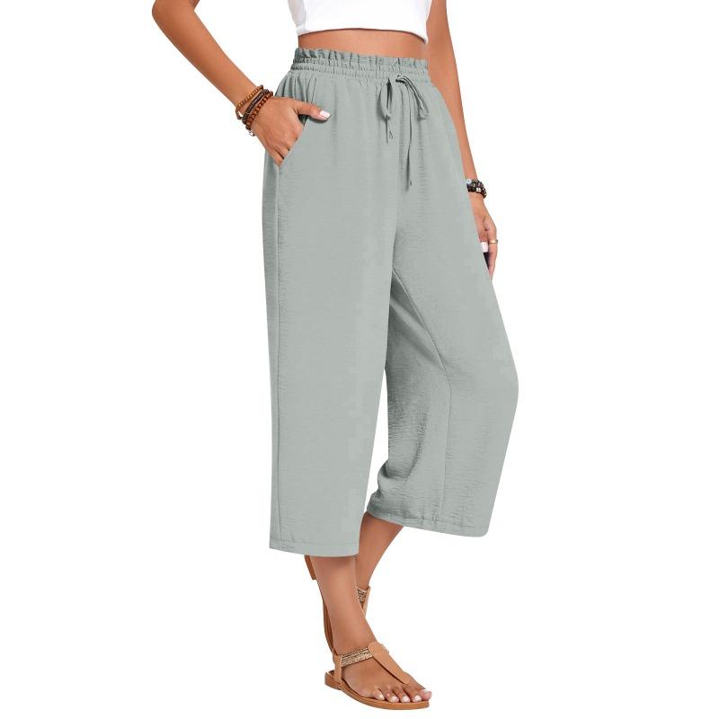 Women s Linen High Waist Casual Pants Solid Color Elastic Waist Lace-Up Loose Wide Leg Pants S светло-серый
