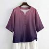 Women's Summer Fashion V-Neck 3/4 Sleeve Shirt Casual Loose-Fit Gradient Print Top